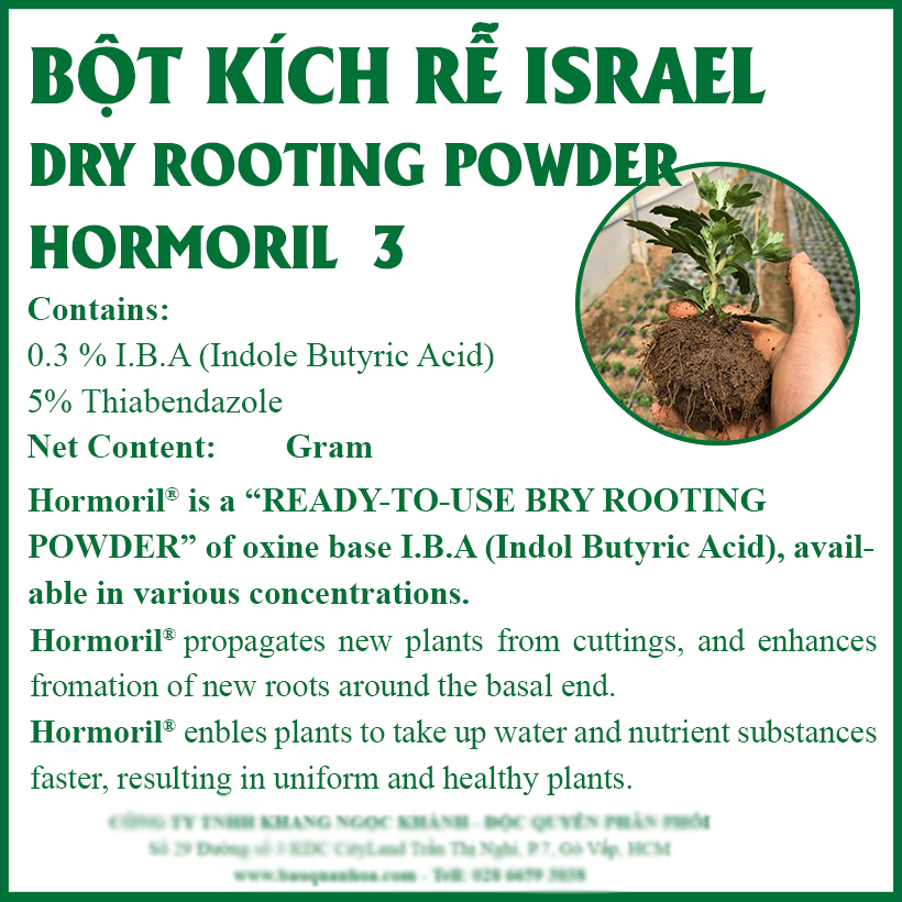 Bột Kích Thích Ra Rễ Israel – Dry Rooting Powder Hormoril 3 Hàng Nhập Khẩu (Hủ 100gr), Dùng đẩy nhanh quá trình ra rễ trong việc giâm cành, chiết cành và cây con thuộc họ Thân Thảo, thân mềm