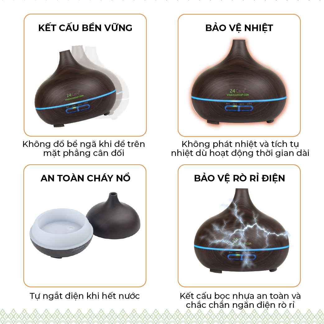 Máy khuếch tán Tinh Dầu 24Care Cổ Cao Đen Ultrasonic 500ml, Tặng 3 Chai Tinh dầu Sả Chanh + Bạc Hà + Cam Úc 24Care 10ml | Xông Phòng | Kèm Remote Điều Khiển |Công nghệ siêu âm tiên tiến.