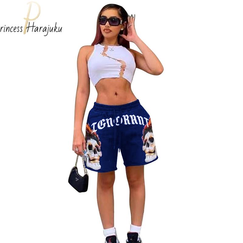 Plus Kích Thước Dây Rút Ngắn Nữ Quàng Nam Eo Rời Mùa Hè Ngắn In Hình Đầu Sọ Phố Thoáng Mát Phong Cách Punk Hông Hợp Tập Thể Dục quần Short