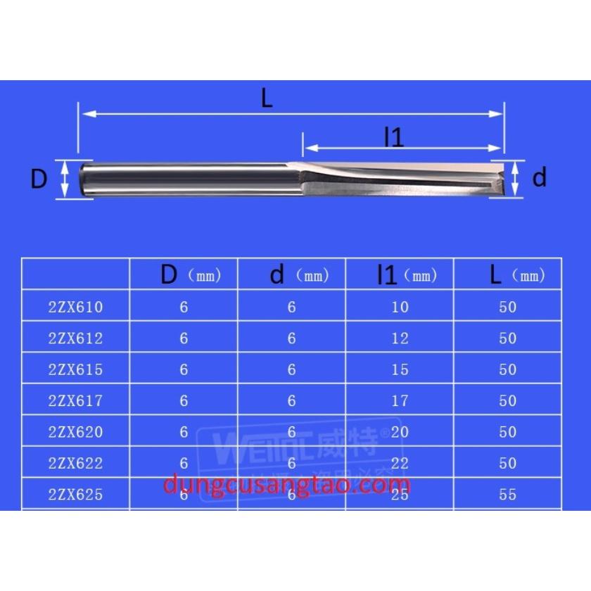 Dao phay cắt gỗ, nhựa, nhôm loại 2 ME thẳng cốt 6mm Weitol / Dao phay thẳng cốt 6mm