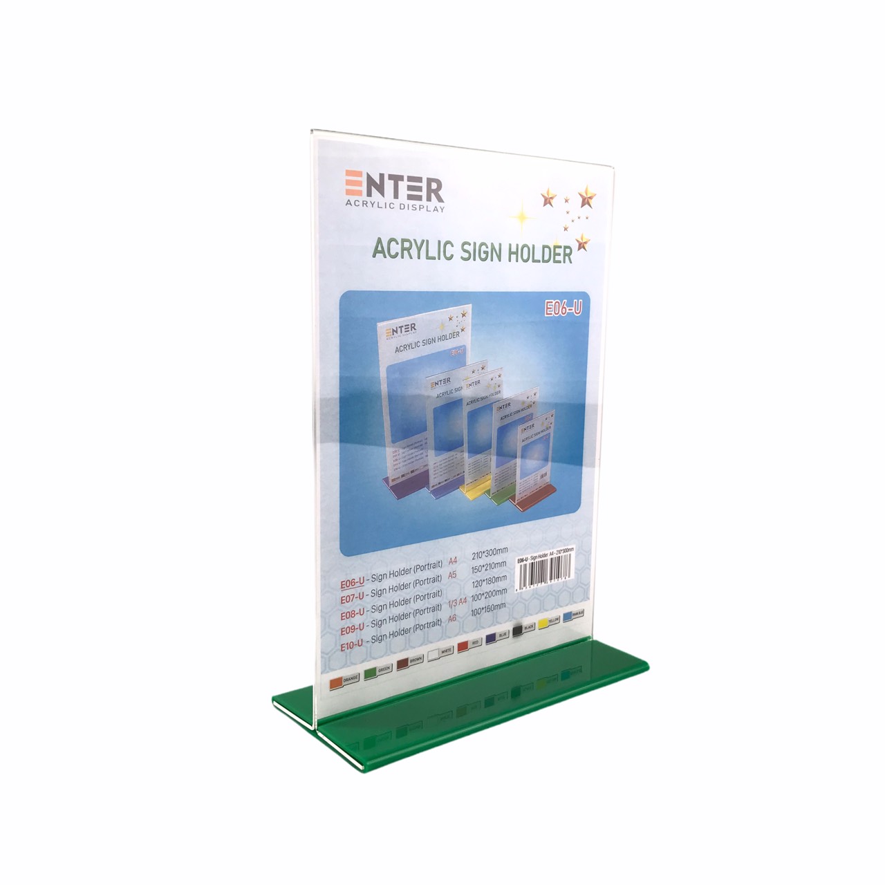 Kệ menu nhà hàng, Standee mica để bàn, Bảng quét mã QR Code, Kệ mica 2 mặt Enter E06-U 210x300mm đế lùa uốn bằng