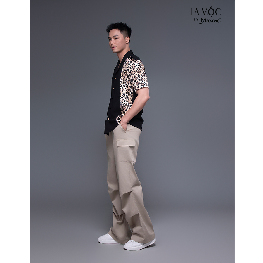 Áo sơ mi danton đen xô cát phối beo LM112453