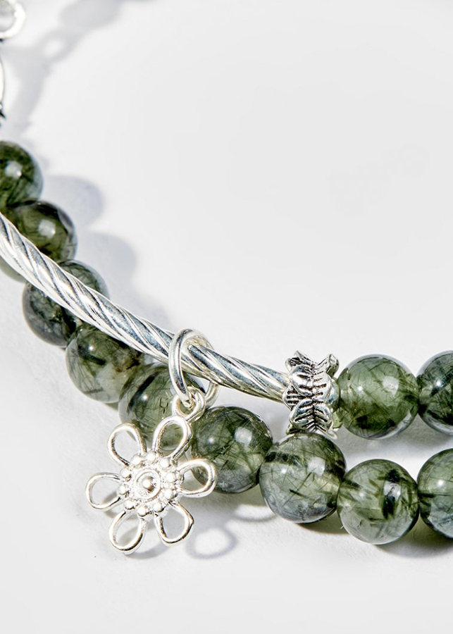 Vòng Tay Phong Thủy 2 Lines Nữ Đá Thạch Anh Tóc Xanh Phối Charm Hoa  Mệnh Mộc, Hỏa Ngọc Quý Gemstones