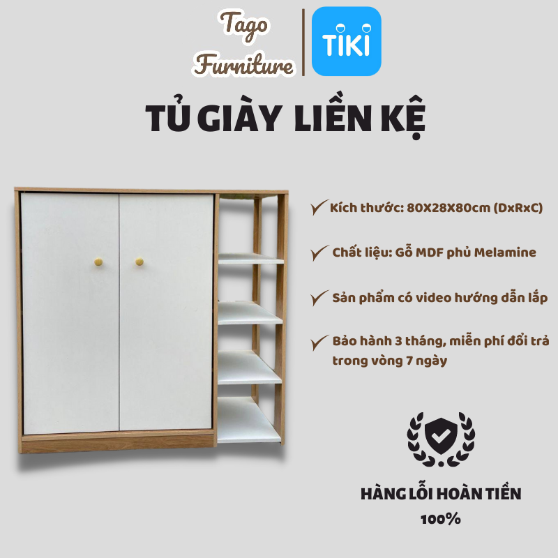 Kệ giày đa năng, tủ giày gỗ 3 tầng cánh trắng, hai bên kèm kệ phong cách hiện đại 78x28x80 TAGO22