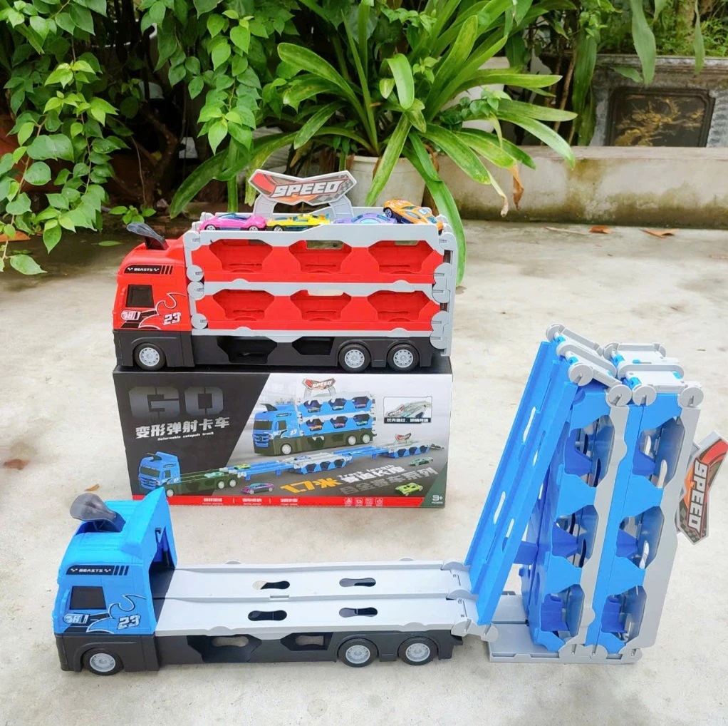 Ô tô đồ chơi BK TOTECH hình xe tải 3 tầng kèm 4 xe đua nhỏ mô hình đường đua xe dài 1,65m có thể gấp gọn cho bé