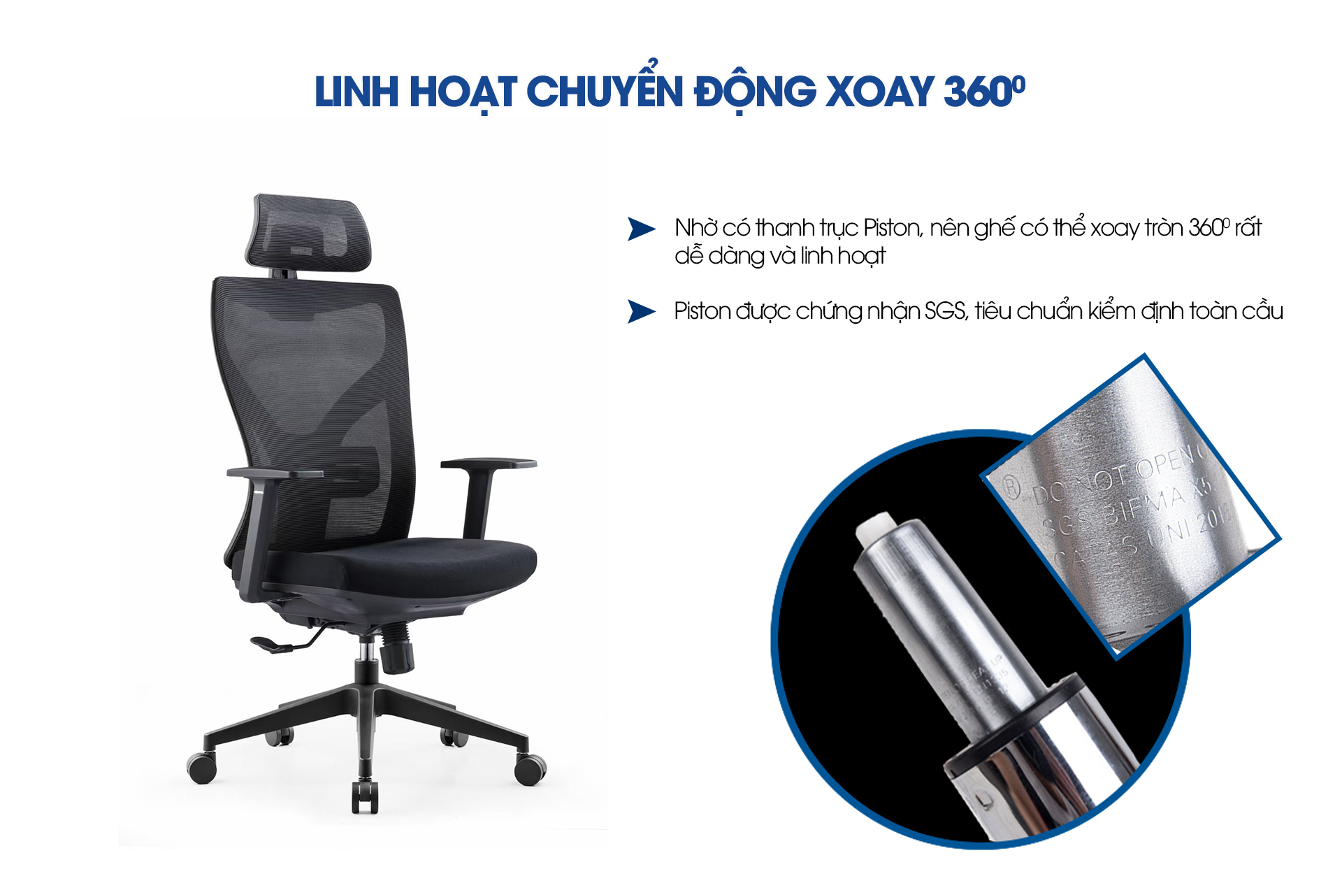 Ghế xoay văn phòng công thái học GOVI R02TD-Tựa đầu điều chỉnh, tựa tay cố định, mâm ghế ngả sau