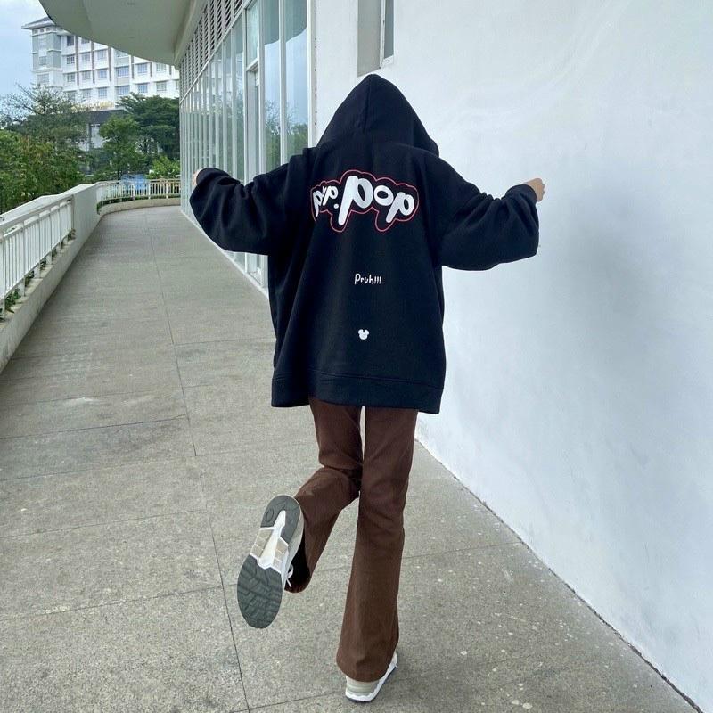 Áo khoác nam nữ Hoodie nỉ trơn Basic in chữ POP form rộng khóa kéo có mũ Ulzzang giá rẻ couple