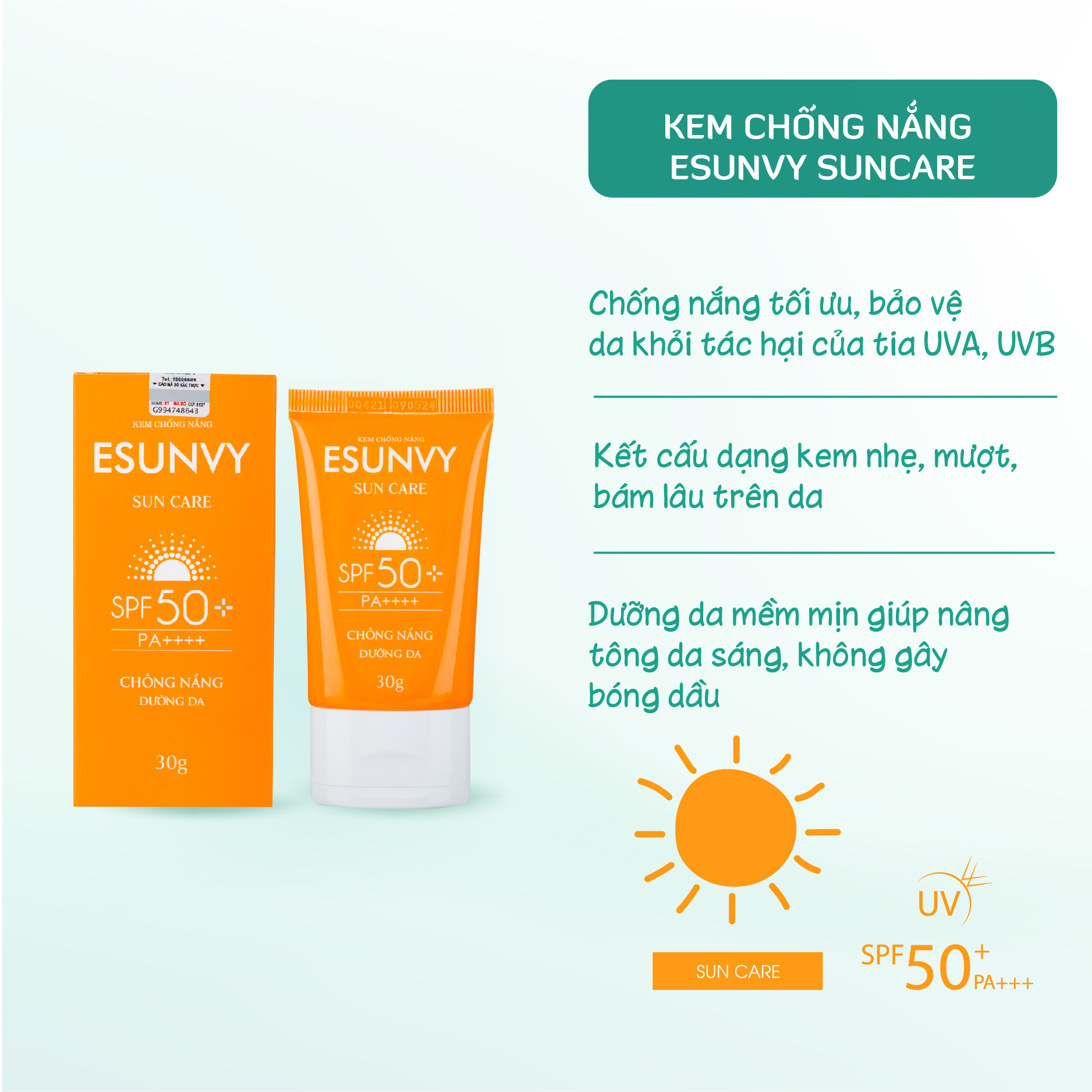 Kem Chống Nắng ESUNVY SUN CARE SPF50+/PA++++ Bảo Vệ Da, Hạn Chế Lão Hóa, Không Thấm Nước Và Bóng Nhờn Tuýp 30g TMP019