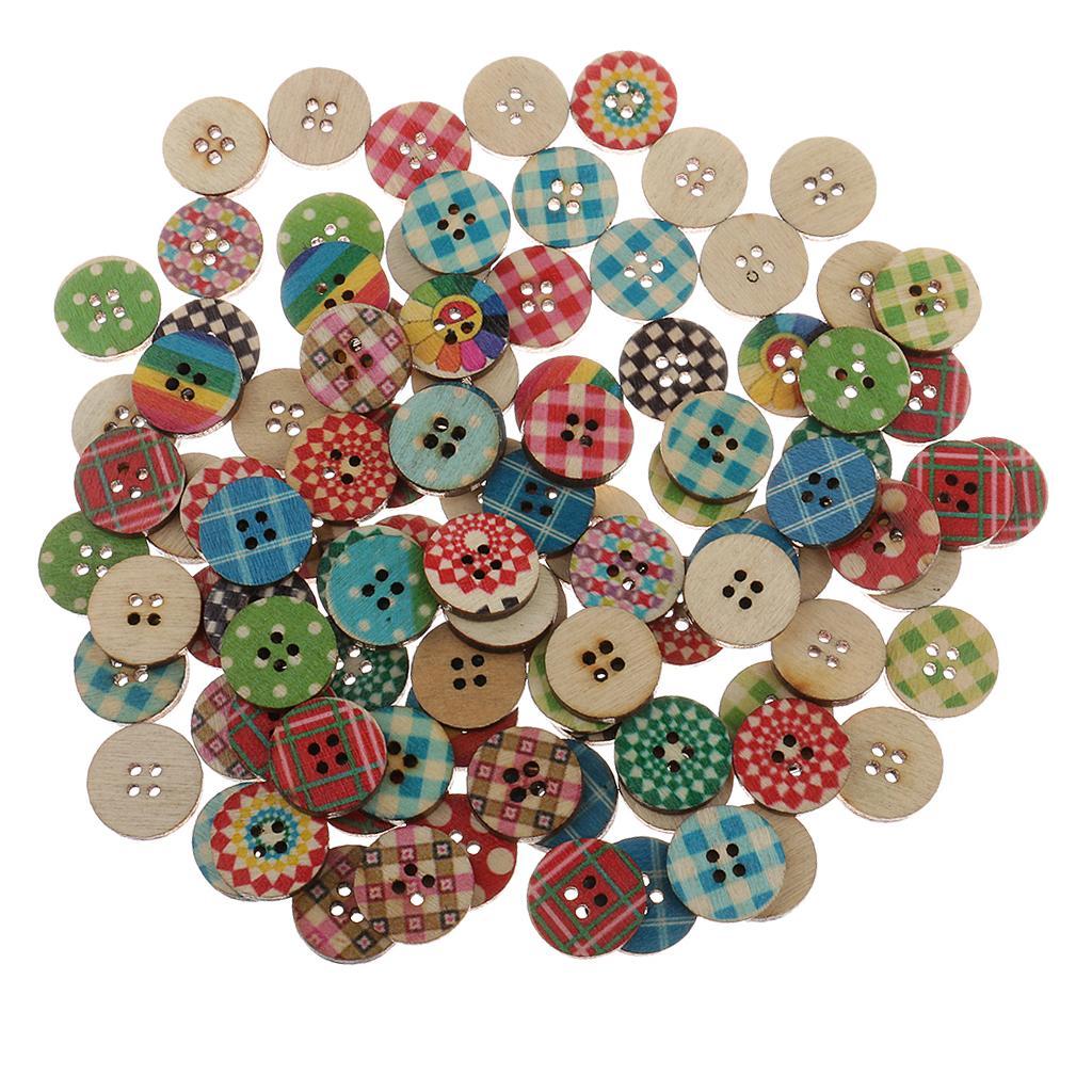 100 Pieces 15mm Colorful Mixed Pattern Round 2 Holes Wood Buttons for DIY Sewing