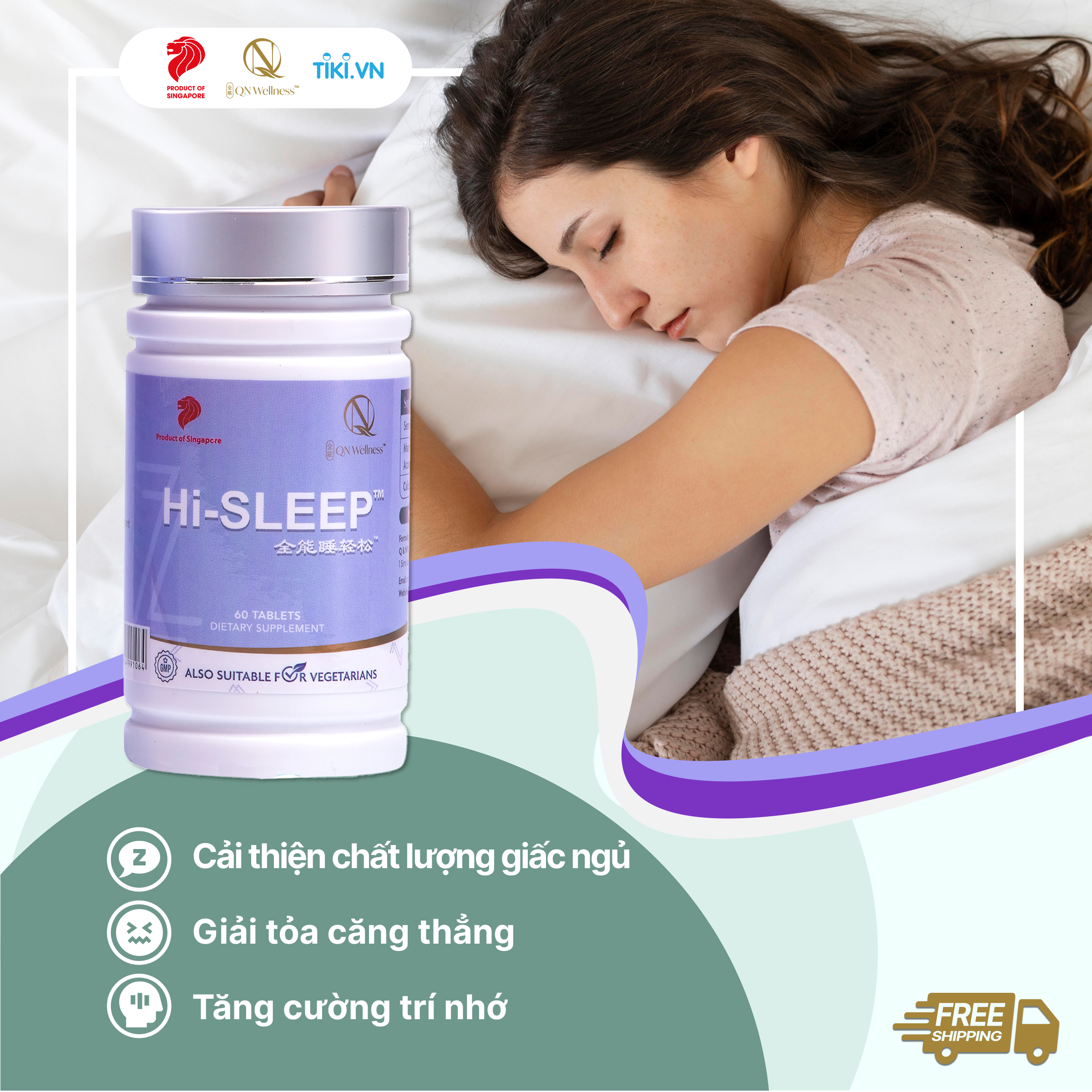 Viên Uống Hi-Sleep QN Wellness Giúp Trẻ Hóa Làn Da, Giải Tỏa Căng Thẳng, Cải Thiện Giấc Ngủ, Nâng Cao Sức Khỏe Thể Chất & Tinh Thần - Hộp 60 Viên