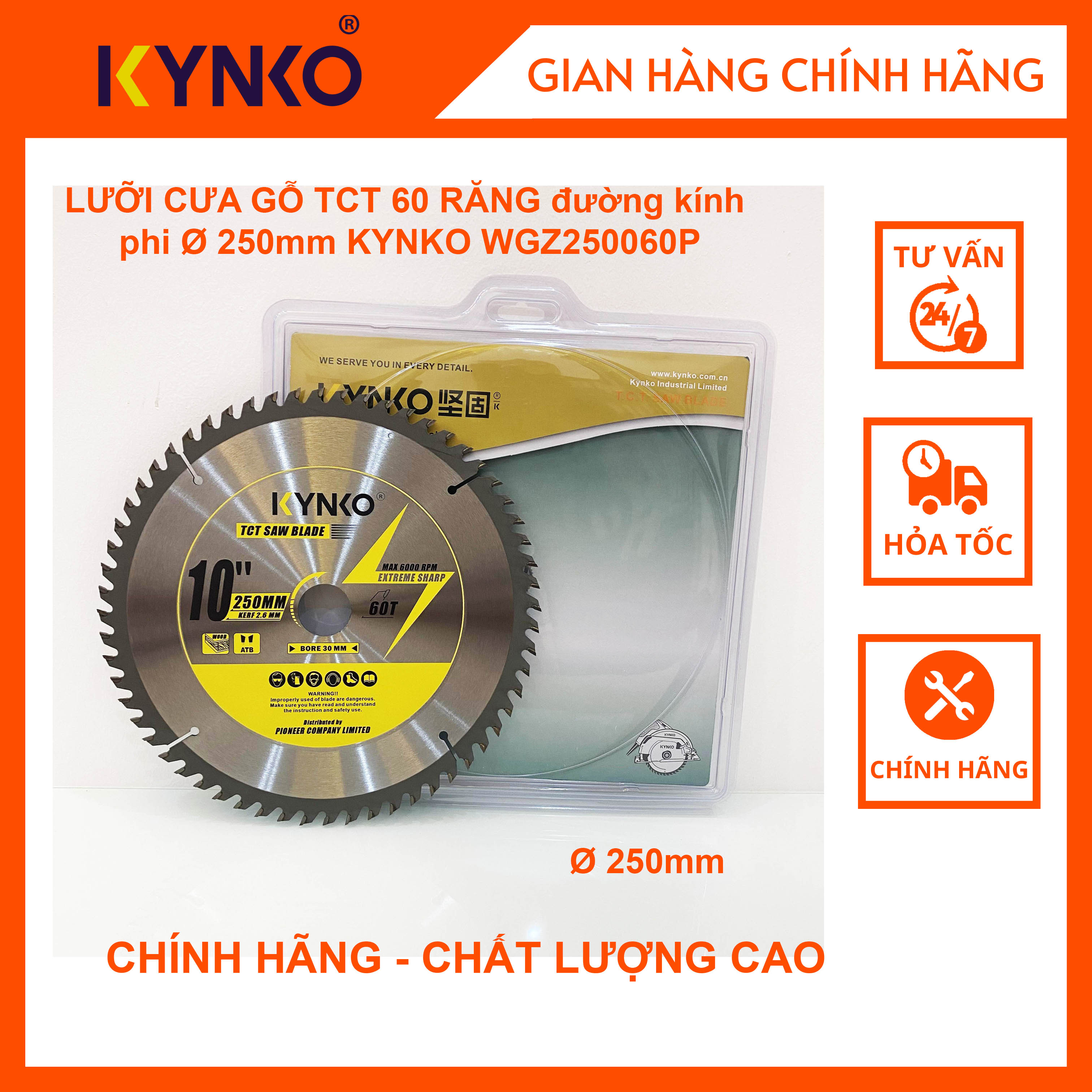 LƯỠI CƯA GỖ TCT 60 RĂNG đường kính phi Ø 250mm KYNKO WGZ250060P