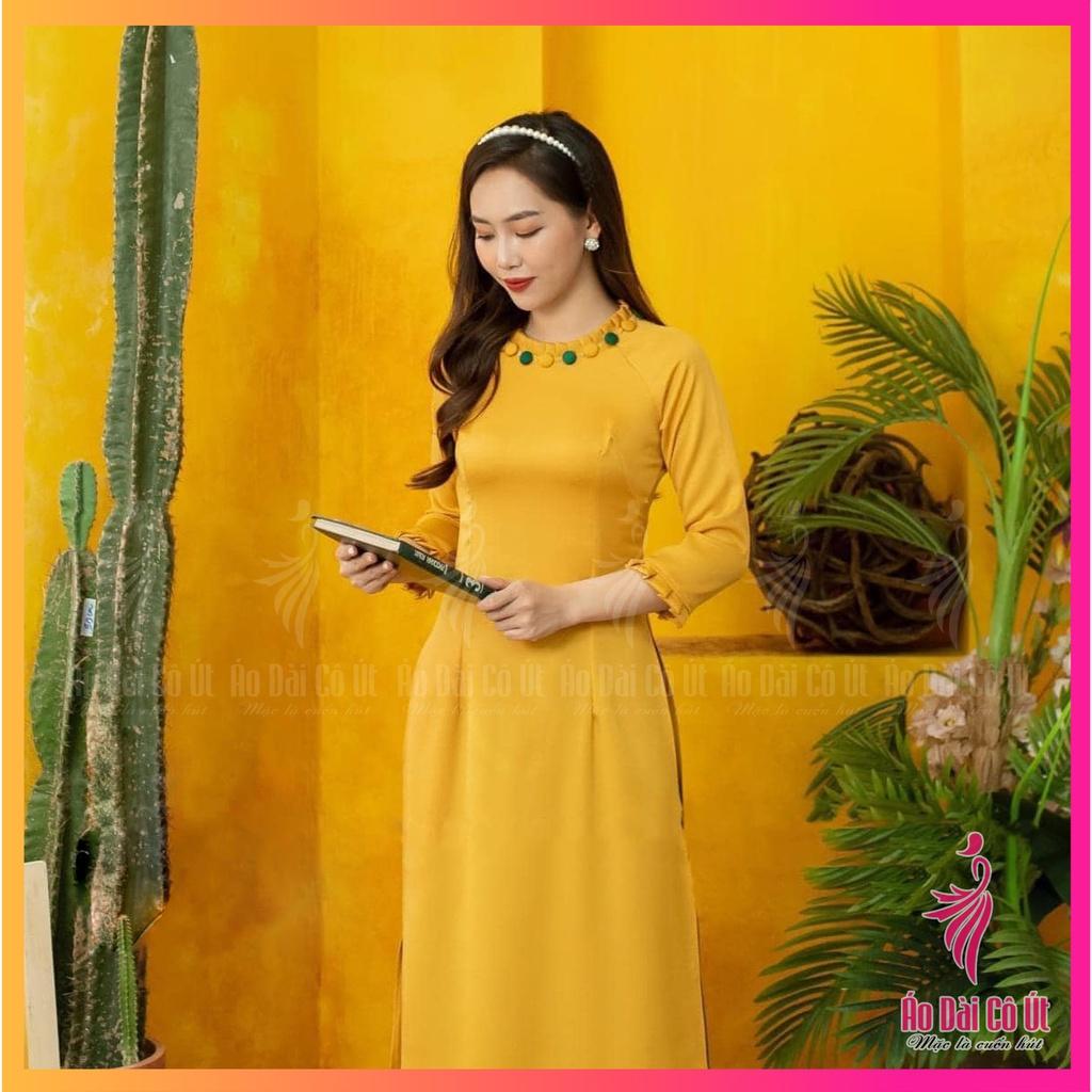 Áo Dài Truyền Thống Lụa Tây Thi Tay Dài Cổ Xếp Ly Đính Cúc Áo Dài Hàng May Sẵn