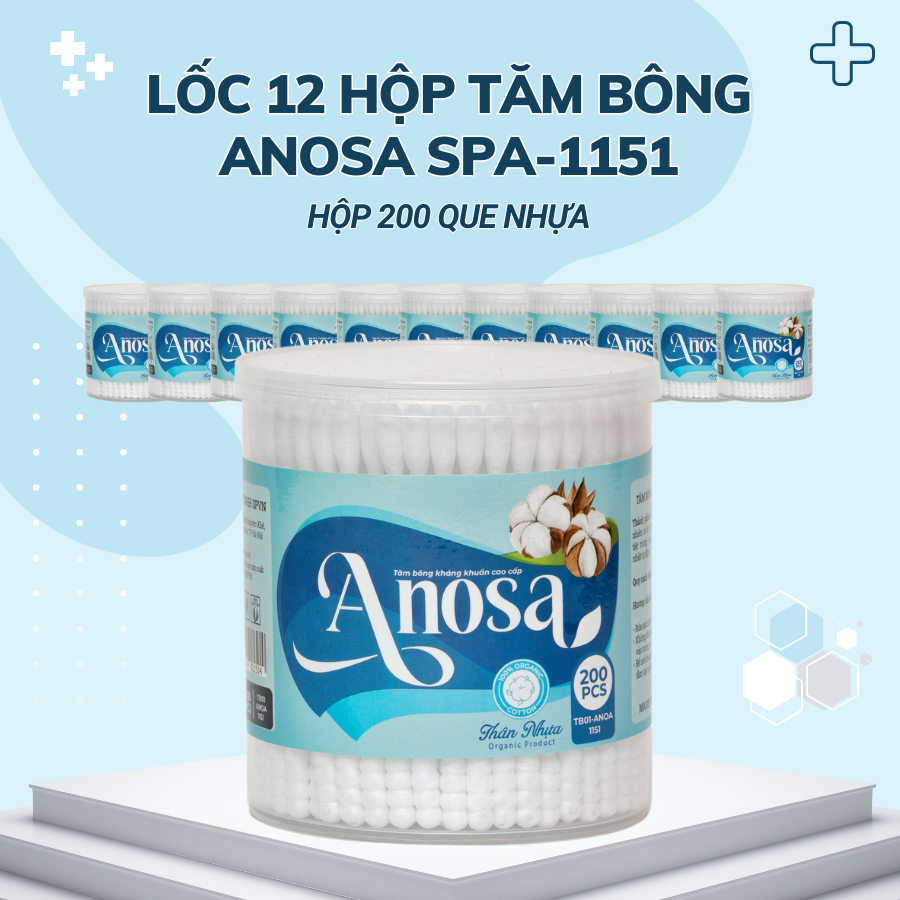 Lốc 12 hộp Tăm bông Anosa người lớn thân nhựa hộp 200 que TB01-1151