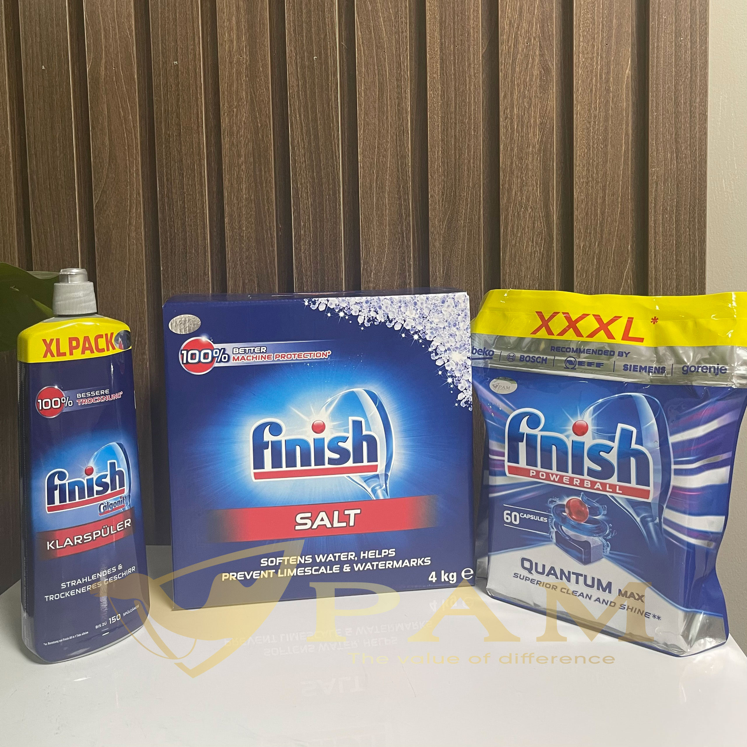 Combo Viên rửa bát Finish Quantum 60 viên hương thường + Muối Finish 4kg + Nước làm bóng Finish 750ml