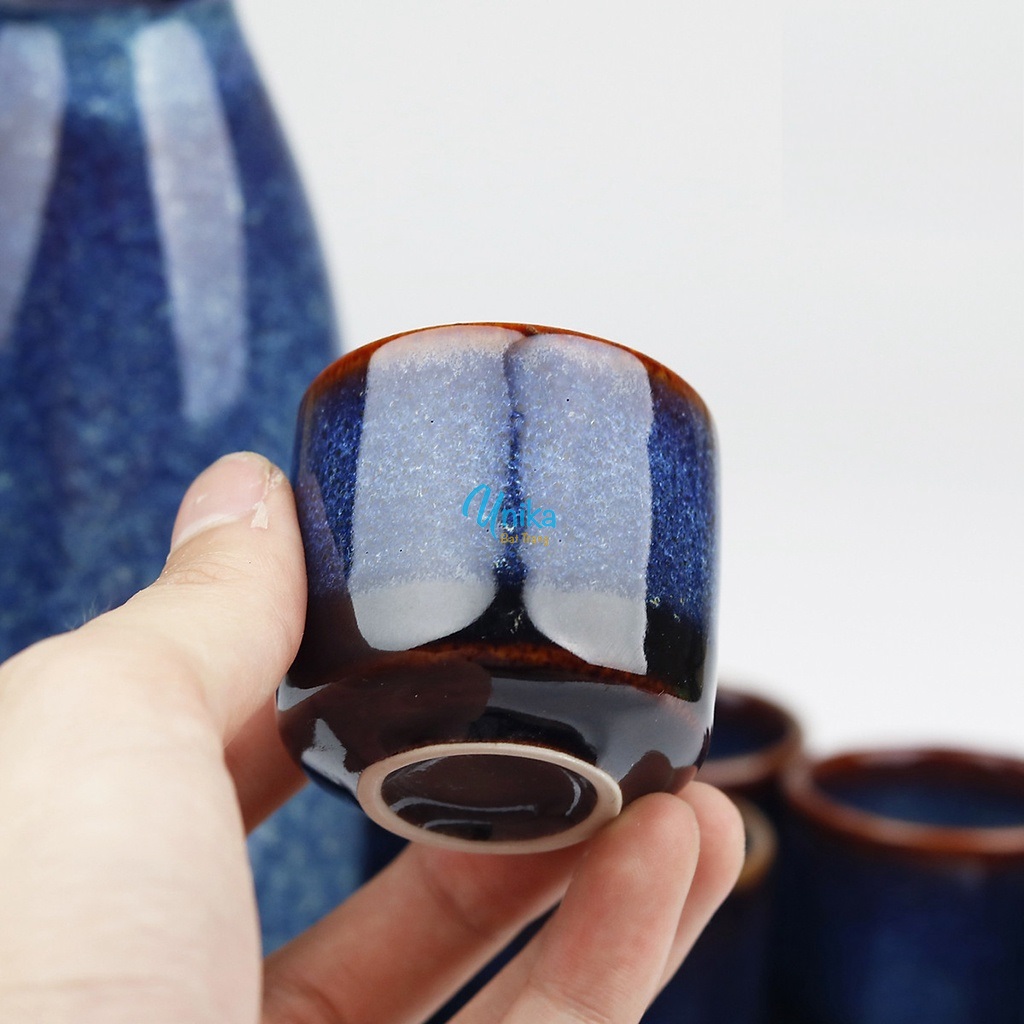 Bộ sake - Set sake bình vuốt men xanh hỏa biến - Gốm sứ cao cấp Bát Tràng
