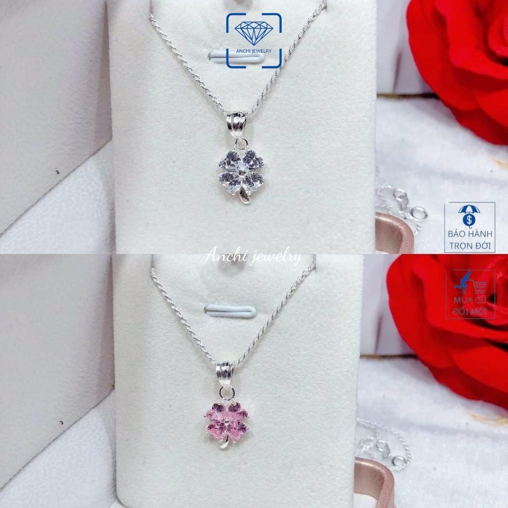 Dây chuyền cỏ 4 lá đính đá nữ bạc thật đeo không đen dây to đá đỏ xanh tím to - Anchi jewelry, quà 8 3
