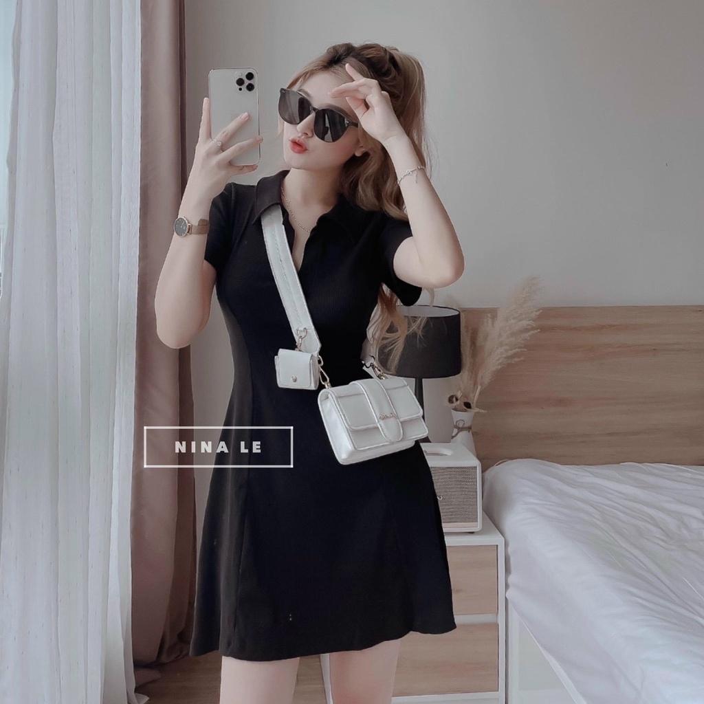 Váy đầm polo nữ chất liệu thun gân màu đen sang chảnh phong cách basic đơn giản thời trang nữ XM Minh Phúc
