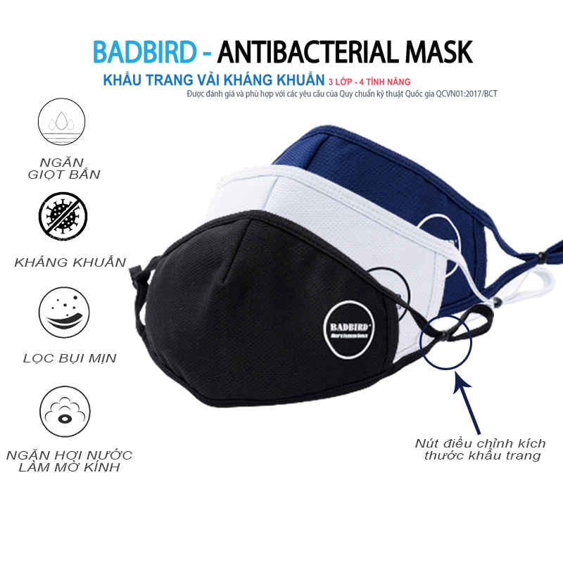 SET 3 Chiếc Khẩu Trang Vải Y Tế Kháng Khuẩn Cao Cấp BADBIRD 3 Lớp 4 Tính Năng, Antibacterial Mask, Thương hiệu Việt