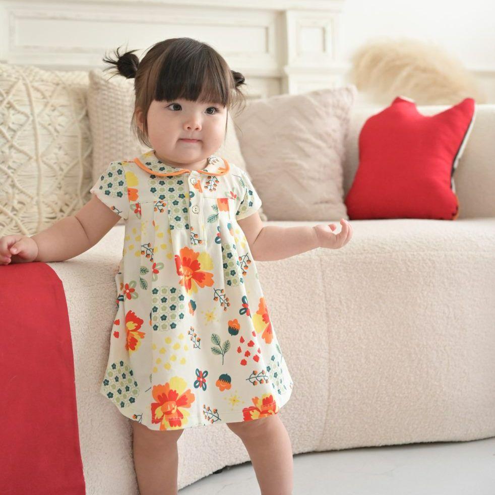 Váy xòe cổ bèo cho bé gái từ 0 - 18 tháng vải cotton họa tiết Tết Á Đông TDRS1-1648 | OETEO Abundance of Blooms