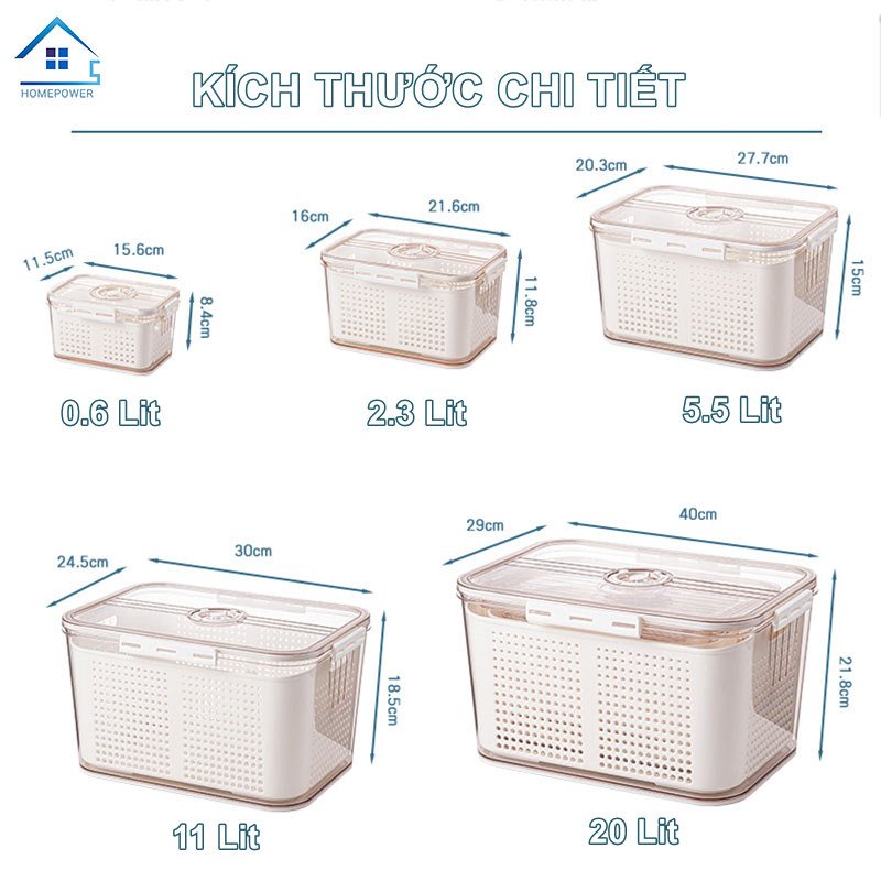 Hộp nhựa đựng thực phẩm tủ lạnh 2 lớp Homepower ghi chú thời gian bảo quản thông minh kèm rổ thoát nước tiện lợi - Cao cấp