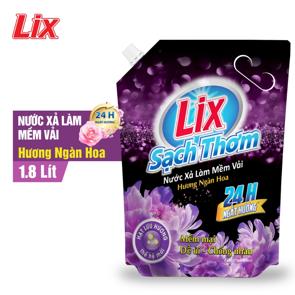 COMBO 2 chai nước xả vải Lix sạch thơm hương ngàn hoa (2 túi x 1.8 lít) L17701