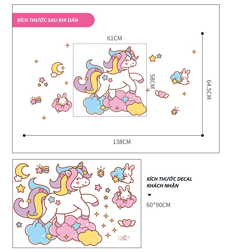 Decal dán tường cho bé yêu Kỳ lân màu hồng dễ thương