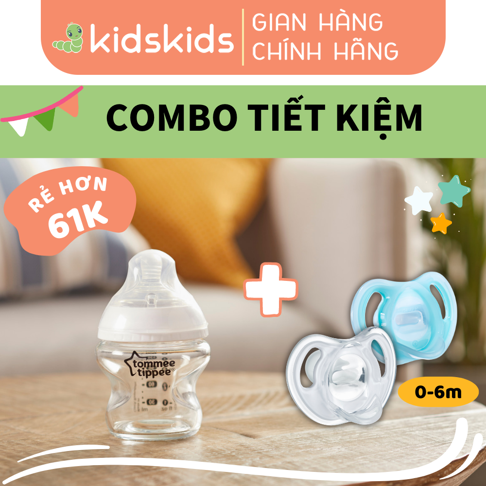 COMBO Bình sữa thủy tinh ty siêu mềm tự nhiên Tommee Tippee Closer to Nature 150ml, núm ty đi kèm 0-3 tháng &amp; Ty ngậm silicon siêu nhẹ cho bé Tommee Tippee Ultra Light 0-6 tháng (vỉ đôi) - Xanh dương/Trắng