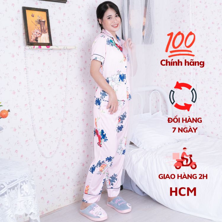 Bộ đồ Pijama nữ , đồ mặc nhà lụa VILADY - B114  kiểu quần dài tay cộc , họa tiết bông hoa dễ thương, chất liệu lụa Pháp cao cấp - Màu hồng phấn