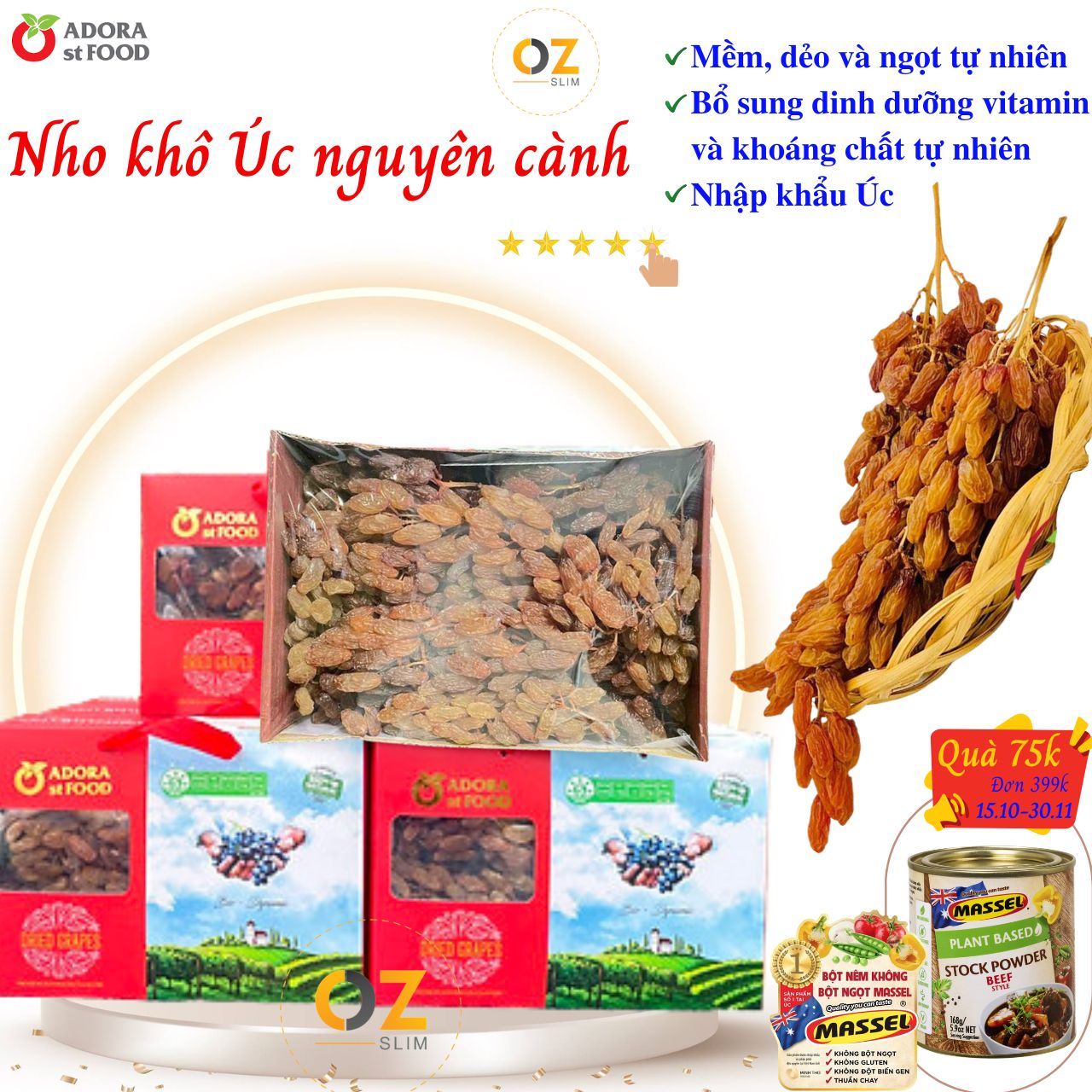 Nho khô nguyên cành THOMPSON Úc Dried Grapes Adora st Food (mẫu Quà Tết 1kg/hộp) ngon, bổ dưỡng, giàu vitamin, khoáng chất tự nhiên - OZ Slim Store