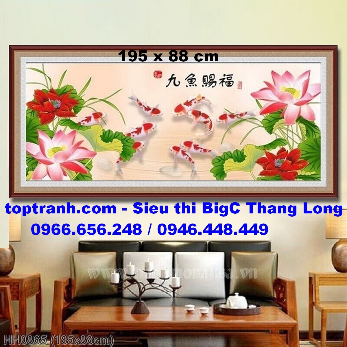 Tranh thêu chữ thập cửu ngư ban phước phúc lành cá chép hoa sen HH0865 chưa thêu