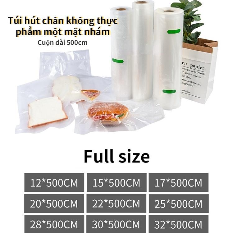 Túi Hút Chân Không Đựng Thực Phẩm Một Mặt Nhám Dạng Cuộn, Cuộn Túi Ép Chân Không Dài 500cm Full Size