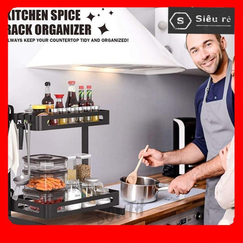 Kệ gia vị đa năng INOX phủ sơn tĩnh điện Đen KGV-007, kệ bếp cao cấp 2 Tầng loại dày