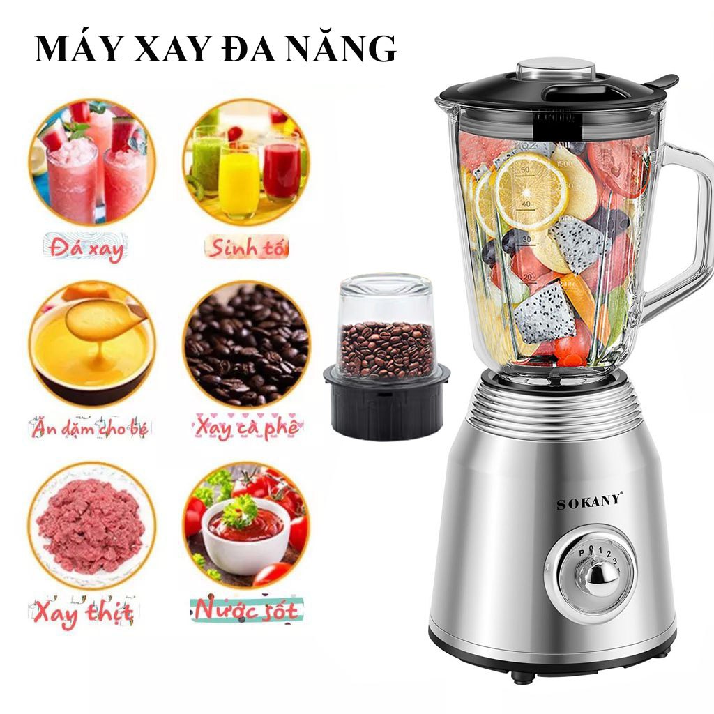 Máy xay sinh tố SOKANY công suất cực lớn 800W có 2 bộ cối dao sử dụng xay hoa quả, xay thực phẩm đa năng - SK186B - HÀNG CHÍNH HÃNG - DELIYA
