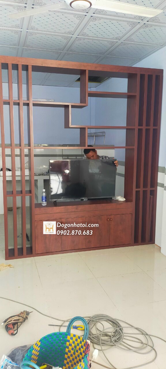 Kệ Tivi Liền Vách Ngăn Tủ Rượu Tường Màu Óc Chó 2m4 X 2m4 - TR619