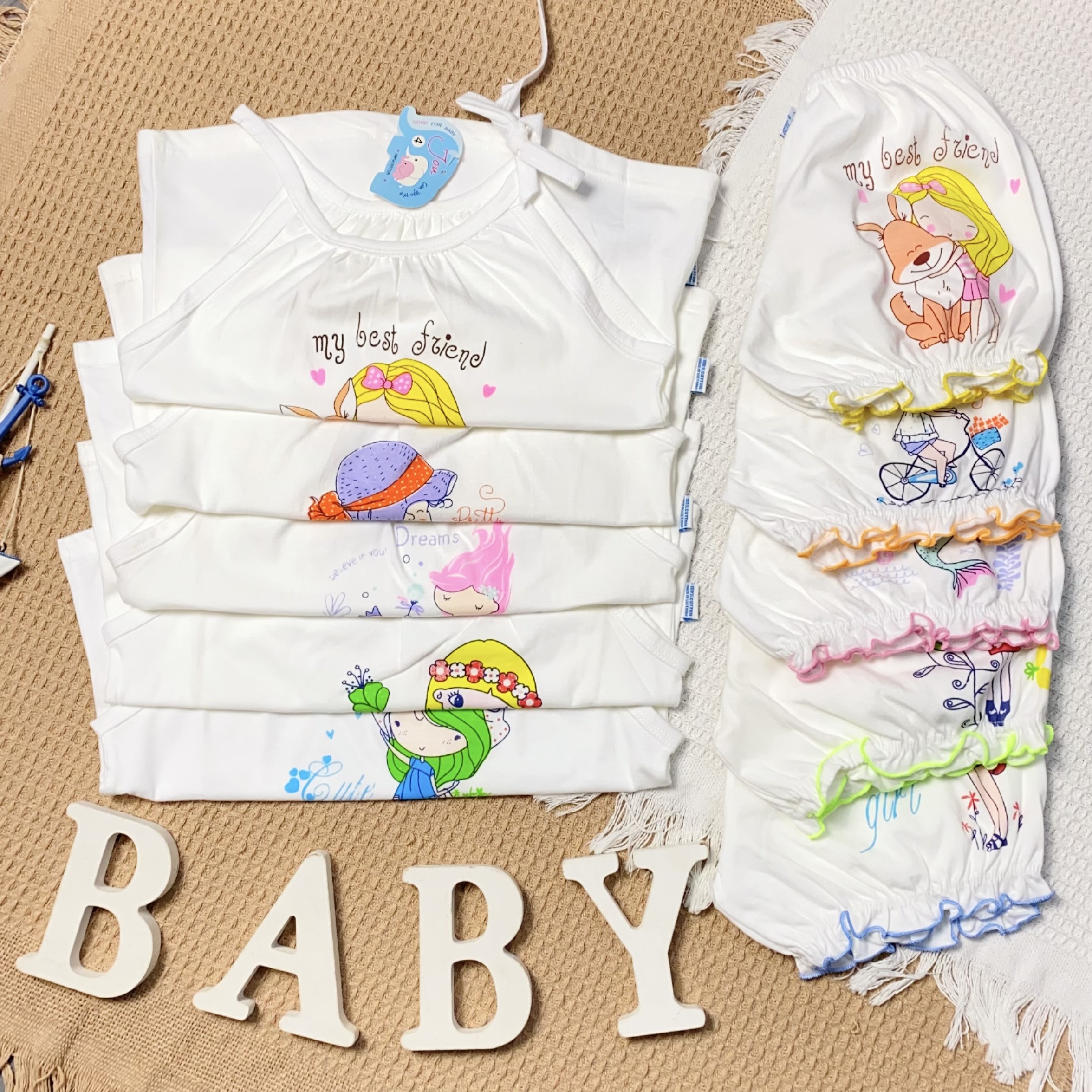 (8-16kg) BỘ QUẦN ÁO HAI DÂY COTTON TRẮNG IN JOU CHO BÉ GÁI - Giao HÌNH IN ngẫu nhiên