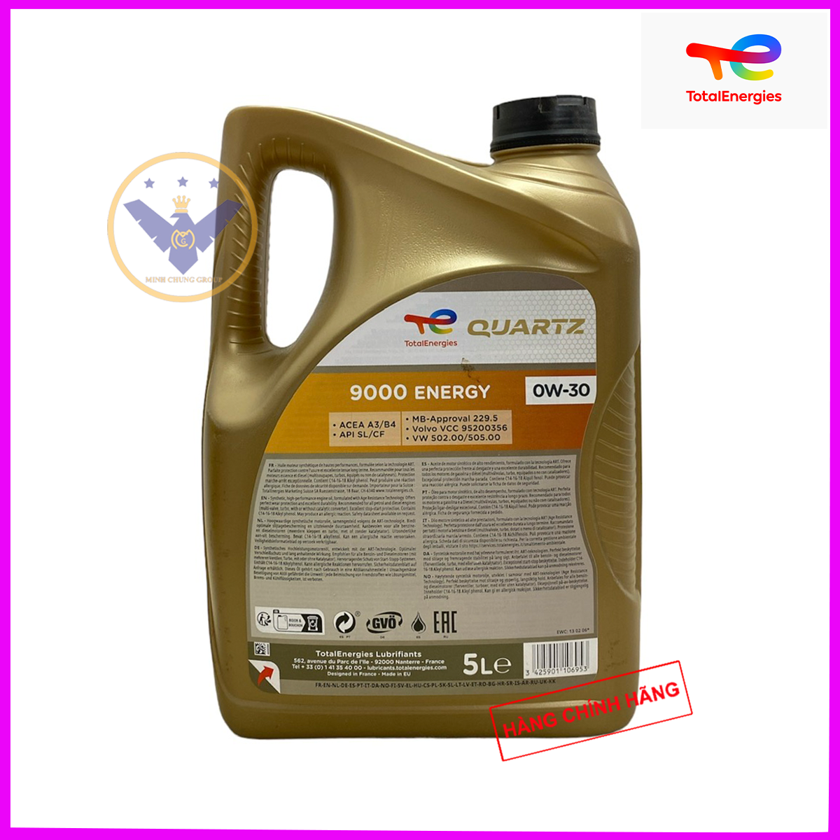 Bộ Dầu nhớt ô tô cao cấp tổng hợp Total Quartz 9000 0W-30 can 5L + Súc rửa động cơ Bluechem 250ml