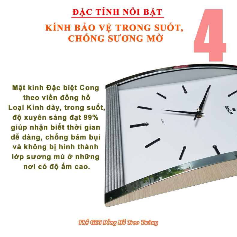 Đồng Hồ KIM TRÔI EASTAR Mặt Kính Cong Cao Cấp - Mặt Chữ nhật Ánh Kim - Tặng Pin Maxell - BH 1 Năm - Decor Trang Trí Treo Tường