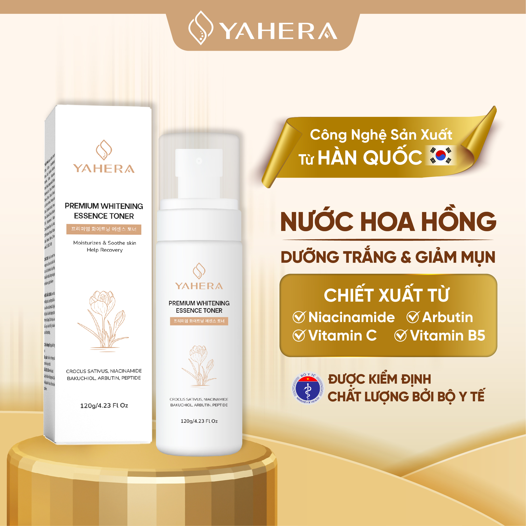 Nước hoa hồng dưỡng trắng da YAHERA Premium Whitening Essence Toner giúp sạch sâu, dưỡng ẩm, cân bằng độ pH da, se khít lỗ chân lông và ngăn ngừa mụn 120g