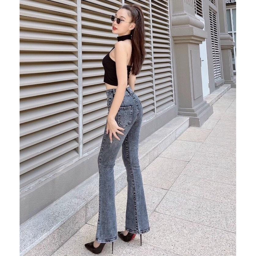 Quần Jeans Nữ Ống Loe Dài Co Giãn Màu Xám