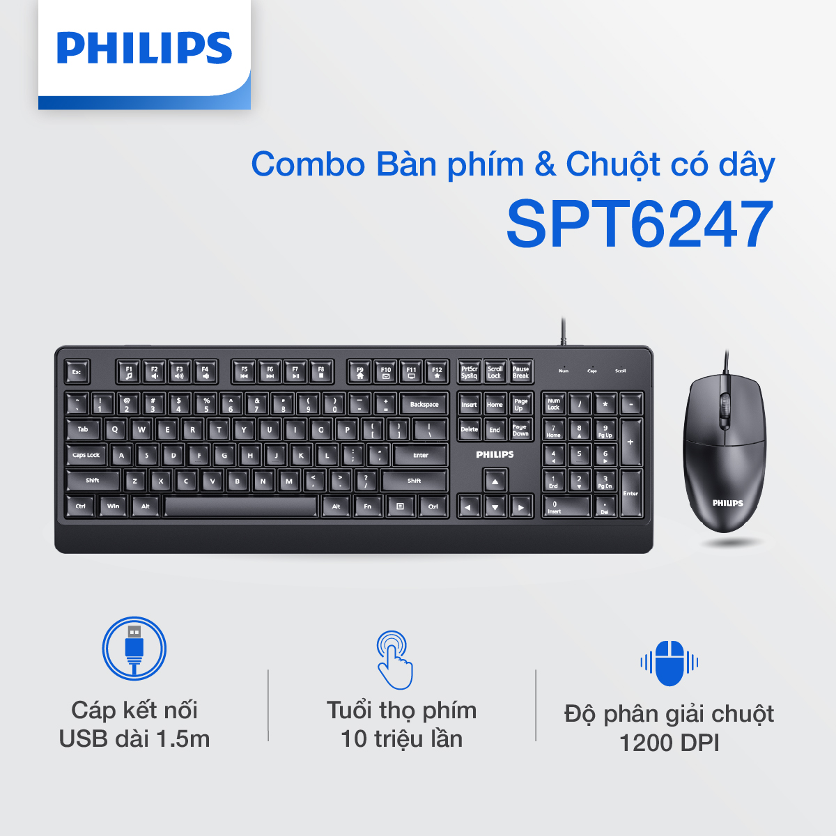 Combo Bàn phím và Chuột có dây Philips SPT6247 - Hàng chính hãng