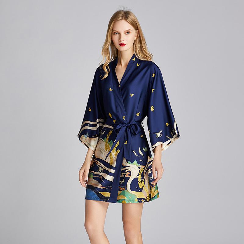 Women Pajamas Print Night Robe V Neck Three Quarter Sleeve Soft Comfortable Satin Nightwear Gown Sleepwear
