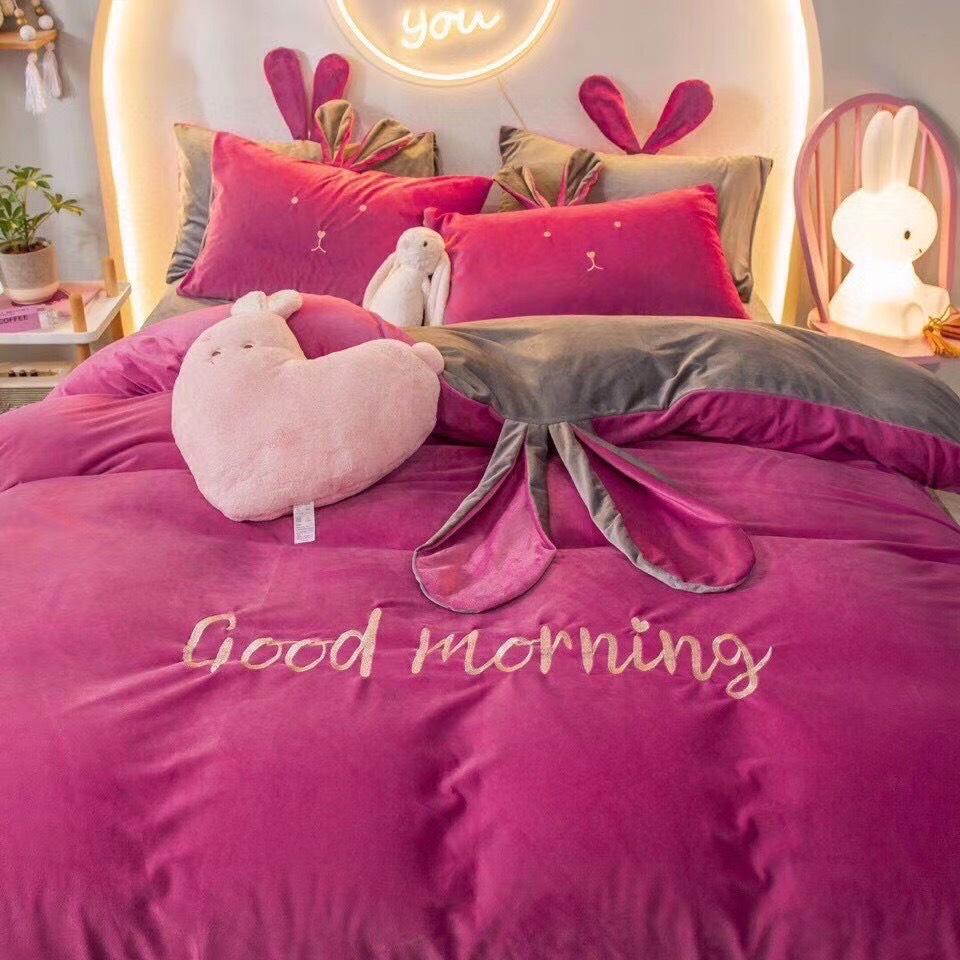 Bộ Chăn Ga Gối Nỉ Nhung HIN BEDDING, Bộ Chăn Ga Gối Nỉ Tai Thỏ Đáng Yêu Mềm Mịn Cao Cấp