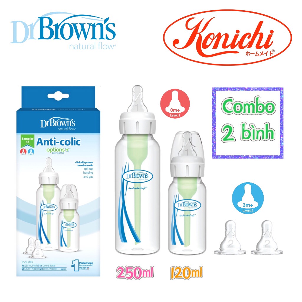 Combo 2 Bình sữa Dr.Brown's Option Plus cổ thường 120ml và 250ml kèm 02 núm ty Level 2