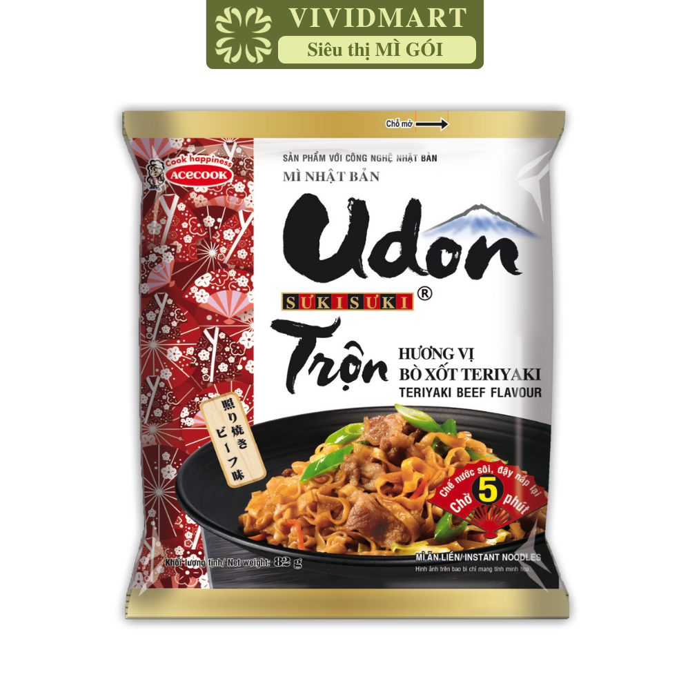 ACECOOK - Mì trộn Udon Sưkisưki hương vị Bò xốt Teriyaki, Mì Udon Sưki Sưki trộn, Mì udon Suki Acecook (82g/gói)