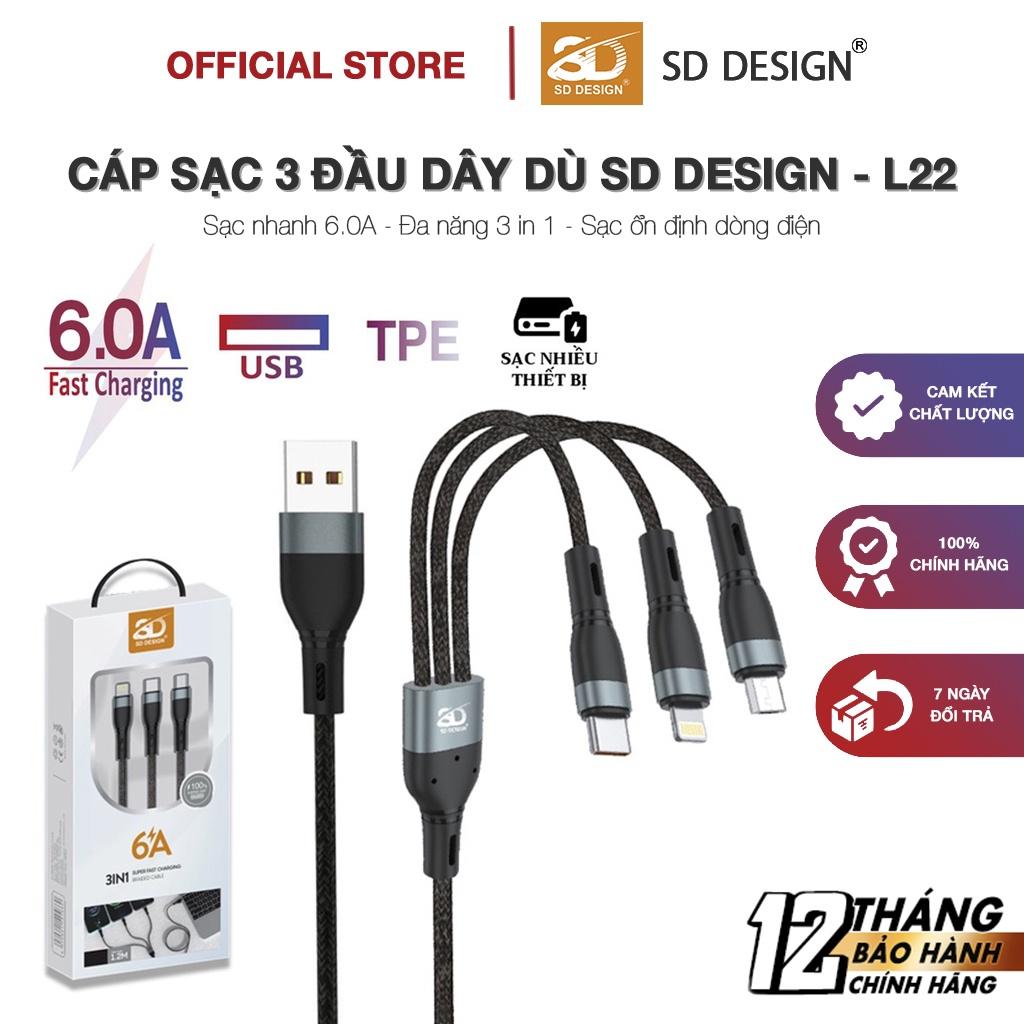 Cáp Sạc Nhanh 3 Đầu L22 SD Design dòng 6.0A Micro TypeC Dây Dù Sạc cho Samsung Oppo Xiaomi iPhone