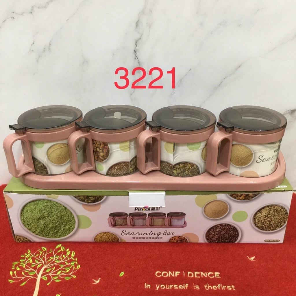 Bộ 4 hũ đựng gia vị thủy tinh Seasoning cao cấp có khay