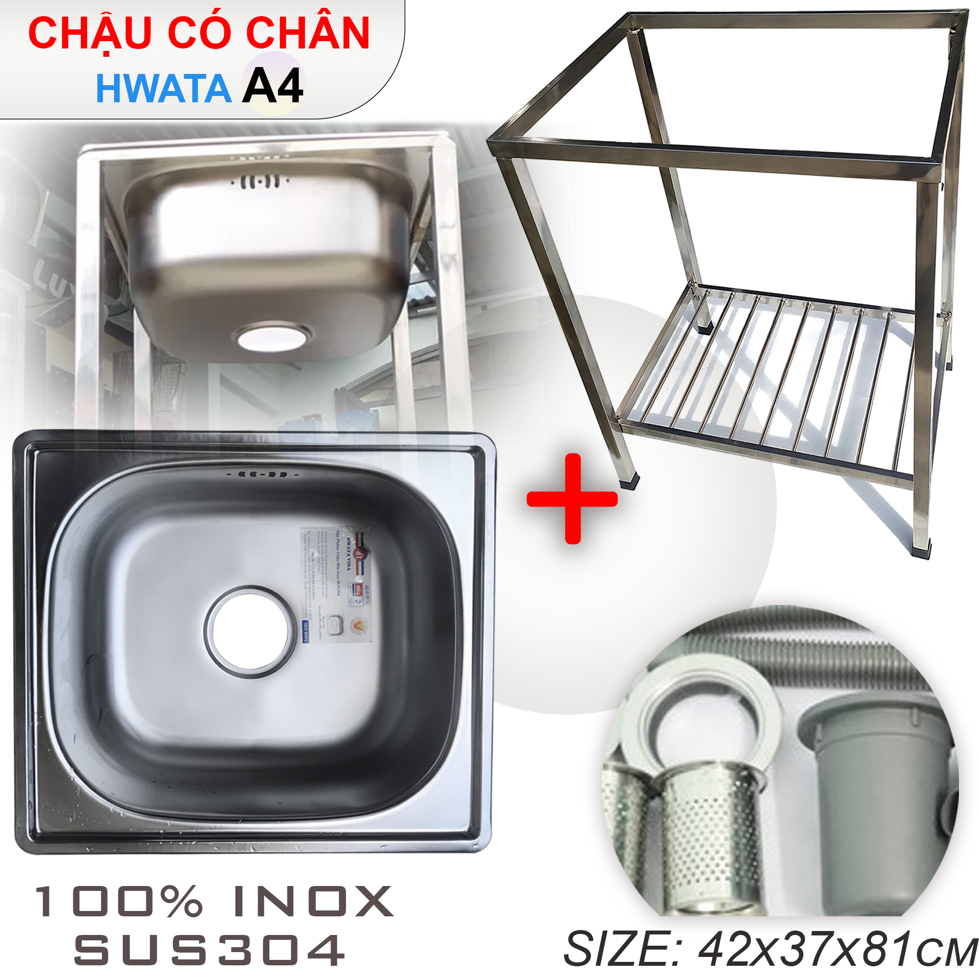 Bộ Chậu Rửa Chén Bát Hwata Inox 304 Có Chân Kèm Bộ Xả - Chậu Chính Hãng nhiều kích thước