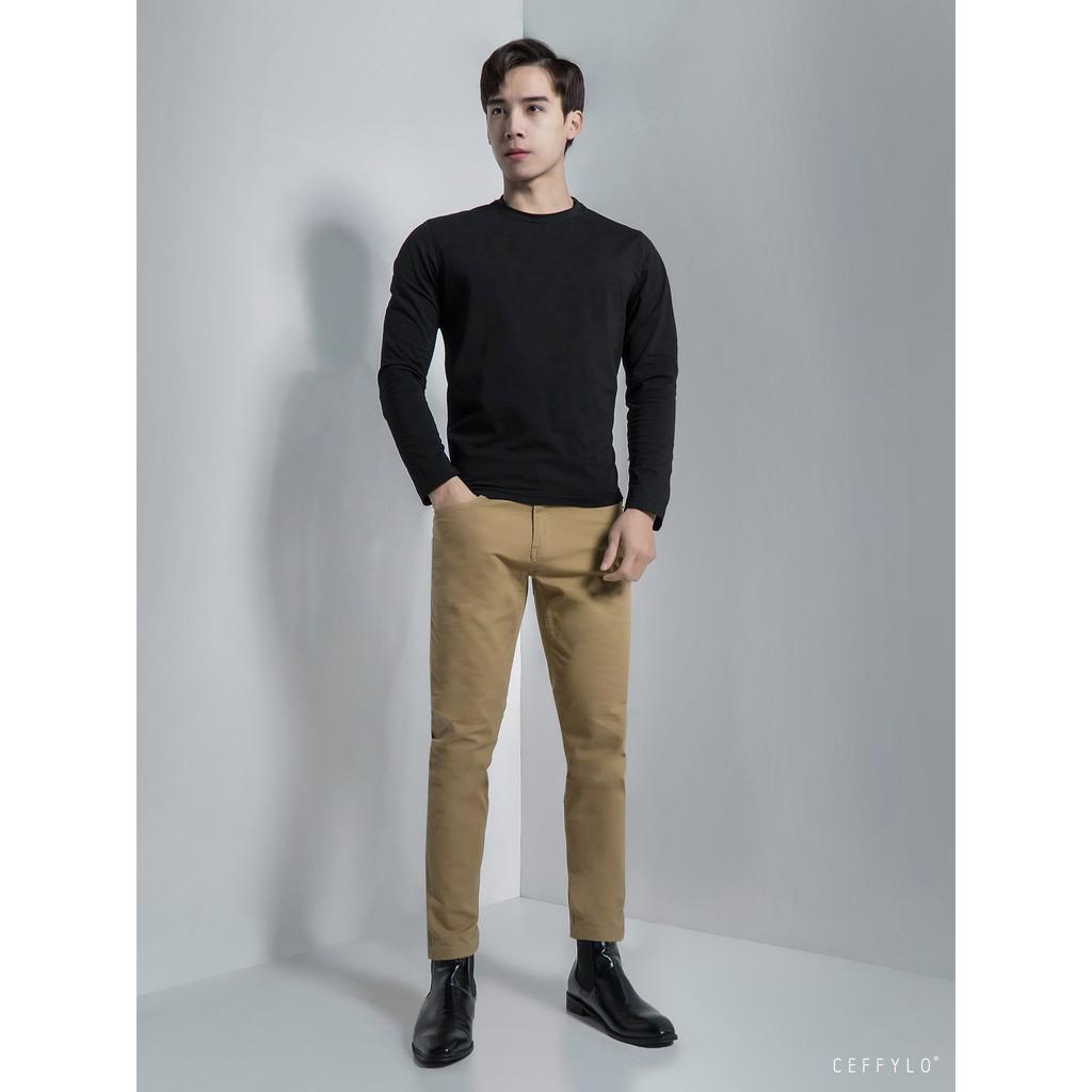 Quần Khaki Túi Jeans trơn Be CEFFYLO, Form Slimfit, Co Giãn