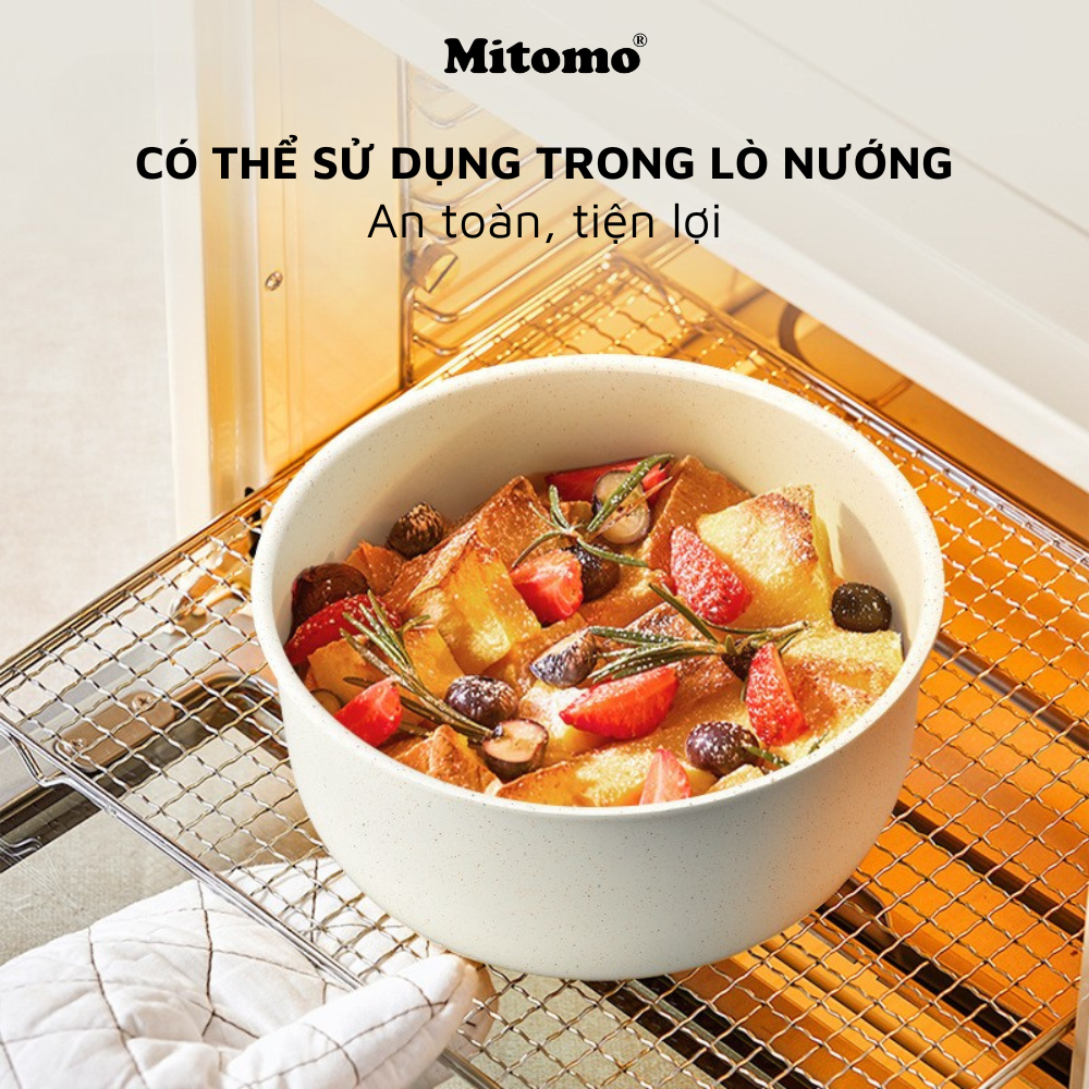 Bộ nồi chảo đá gốm Mitomo chống dính cao cấp 5 món có tay cầm tháo rời, dùng cho mọi loại bếp - Hàng chính hãng
