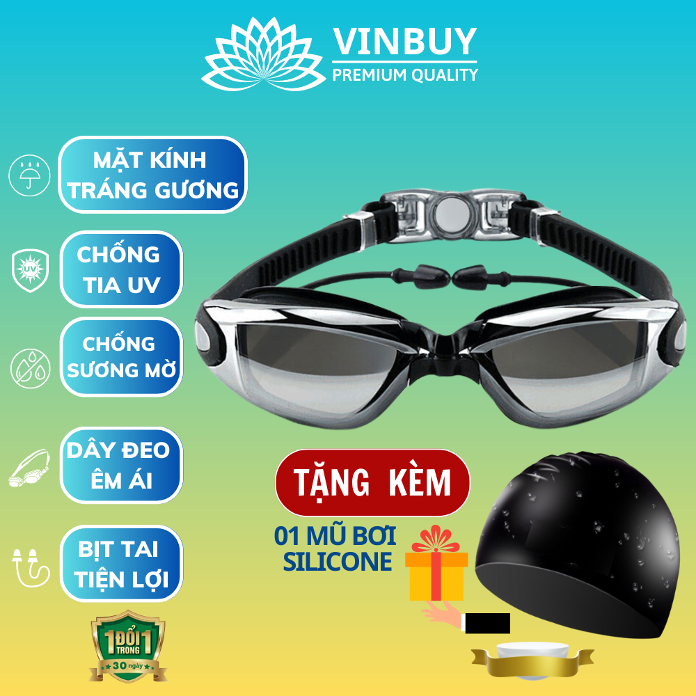 Kính Bơi Tráng Gương kèm bịt tai cao cấp VinBuy chống sương mù, chống tia UV Hàng chính hãng - Tặng kèm nón bơi Silicon